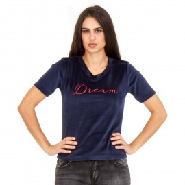 Μπλε Βελούδινο T-Shirt με Γράμματα ''DREAM''