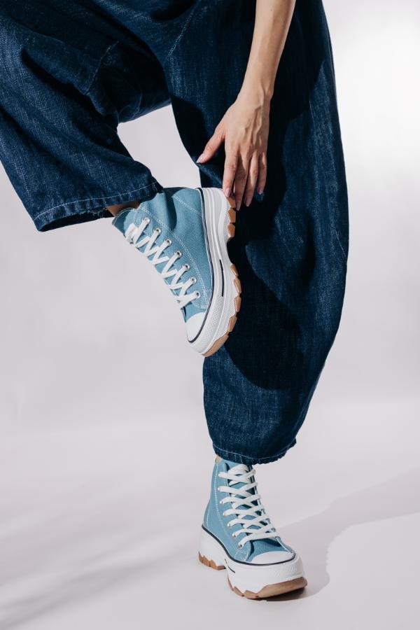 Γαλάζια Τζιν Sneakers Μποτάκια με Κορδόνια