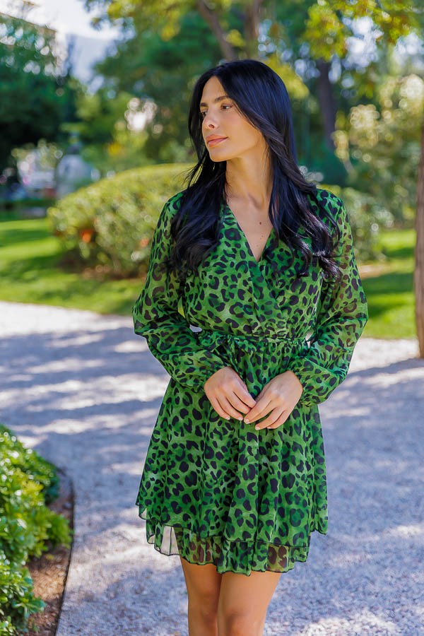  Πράσινο Mini Φόρεμα με Animal Print και Βολάν